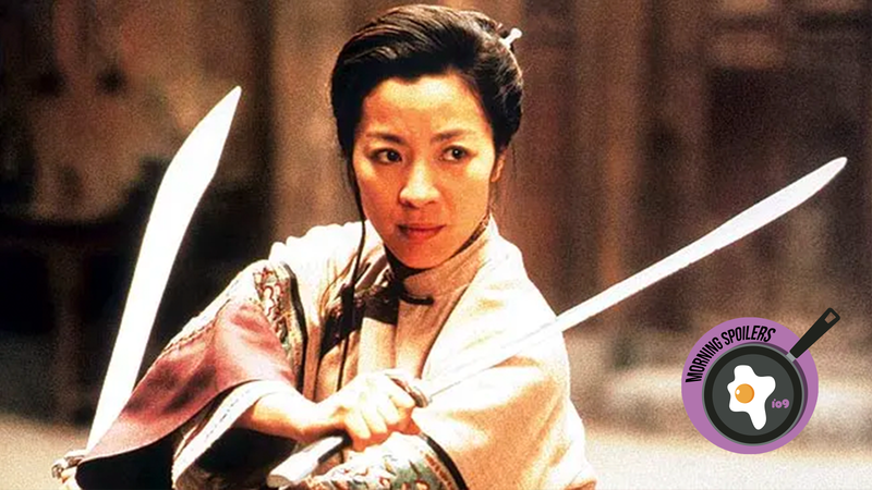 Michelle Yeoh brandishes two swords in a Chinese teahouse