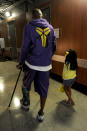 Kobe Bryant #24 of the Los Angeles Lakers walks with his daughter Gianna Maria-Onore Bryant at Staples Center prior Game Four of the Western Conference Quarterfinals against the San Antonio Spurs during the 2013 NBA Playoffs on April 28, 2013 in Los Angeles, California. (Photo by Andrew D. Bernstein/NBAE via Getty Images)