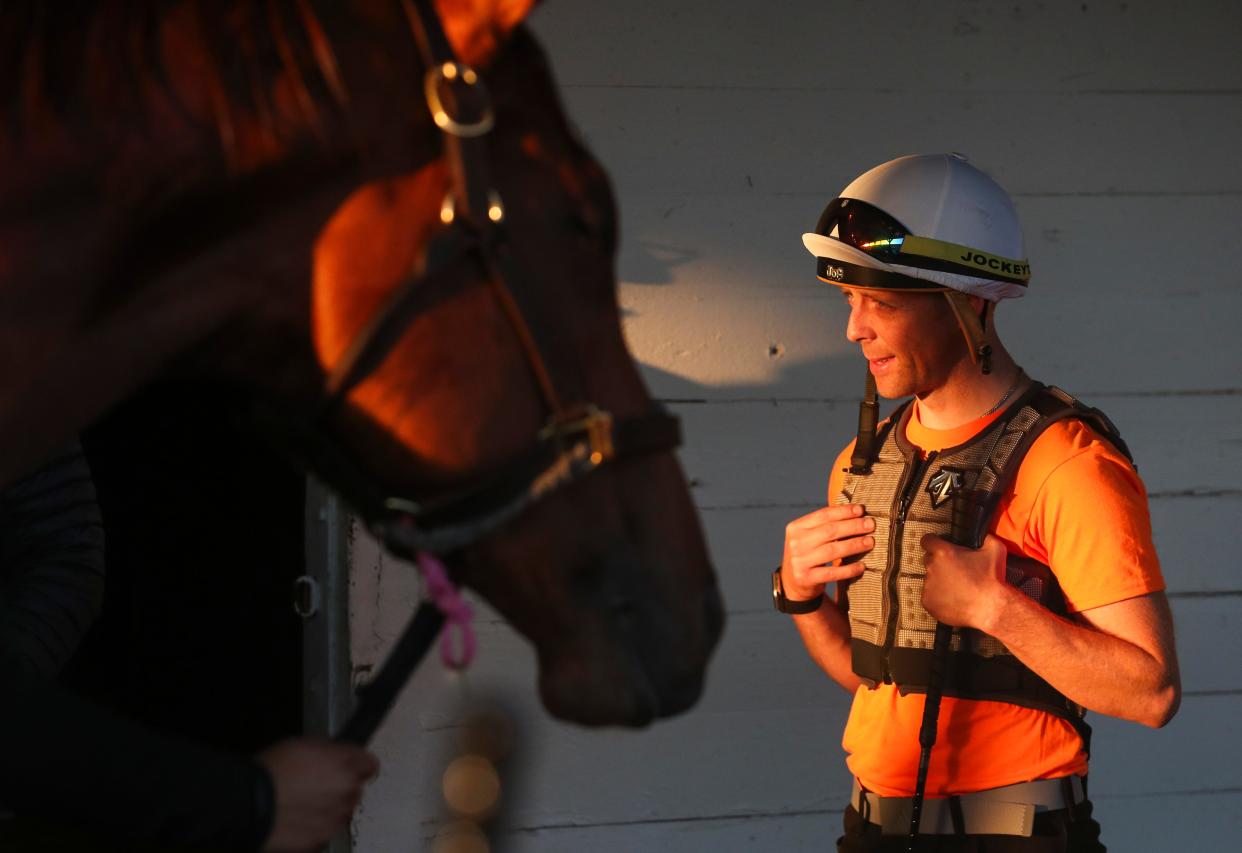 Jockey Ben Curtis at Trainer Whit Beckman's barn Wednesday morning, April 24, 2024, at Churchill Downs in Louisville, Ky. Curtis will ride Kentucky Derby contender Honor Marie for the Kentucky Derby race May 4, 2024.