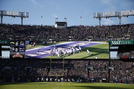 Jan 6, 2019; Baltimore, MD, USA; The Los Angeles Chargers offense lines up against the Baltimore Ravens defense in the first quarter in a AFC Wild Card playoff football game at M&T Bank Stadium. The Chargers won 23-17. Mandatory Credit: Geoff Burke-USA TODAY Sports