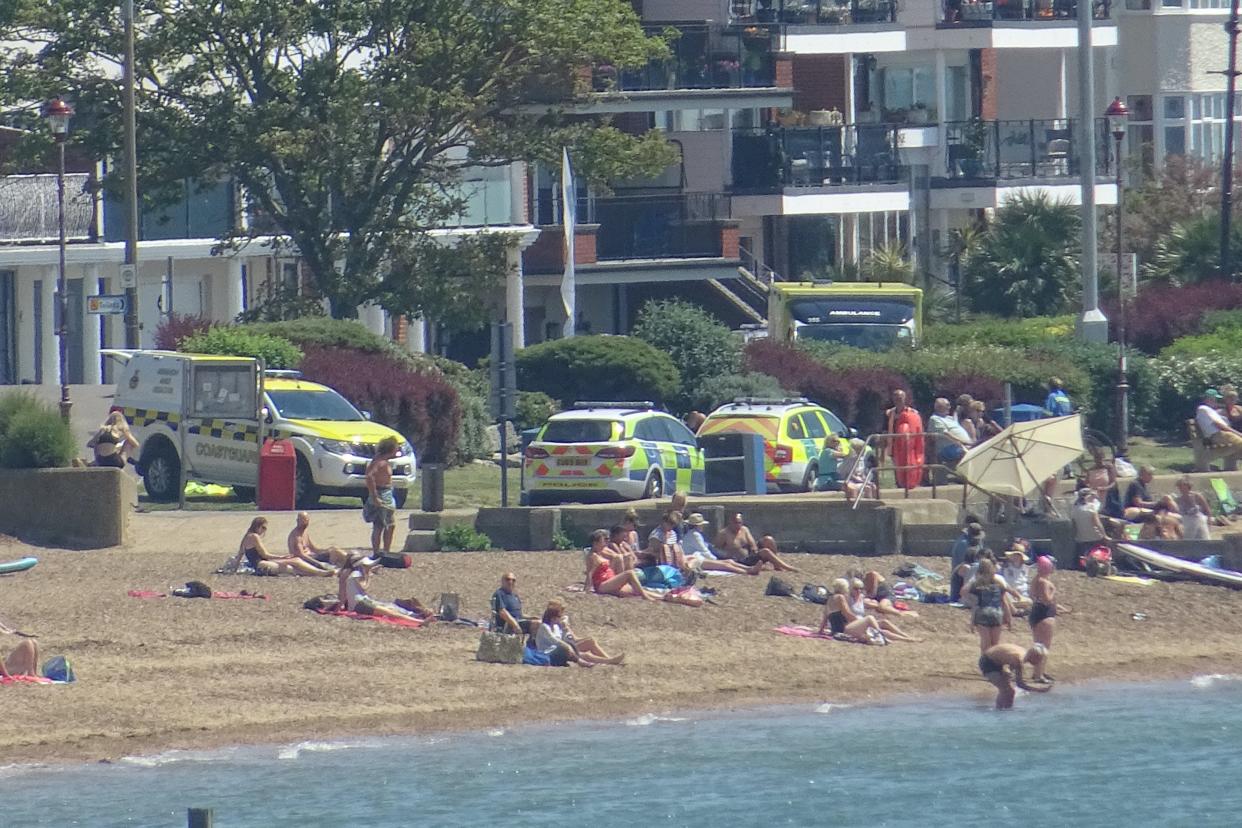 <p>Police at the scene of Chalkwell beach</p> (@AntifragileDoc)