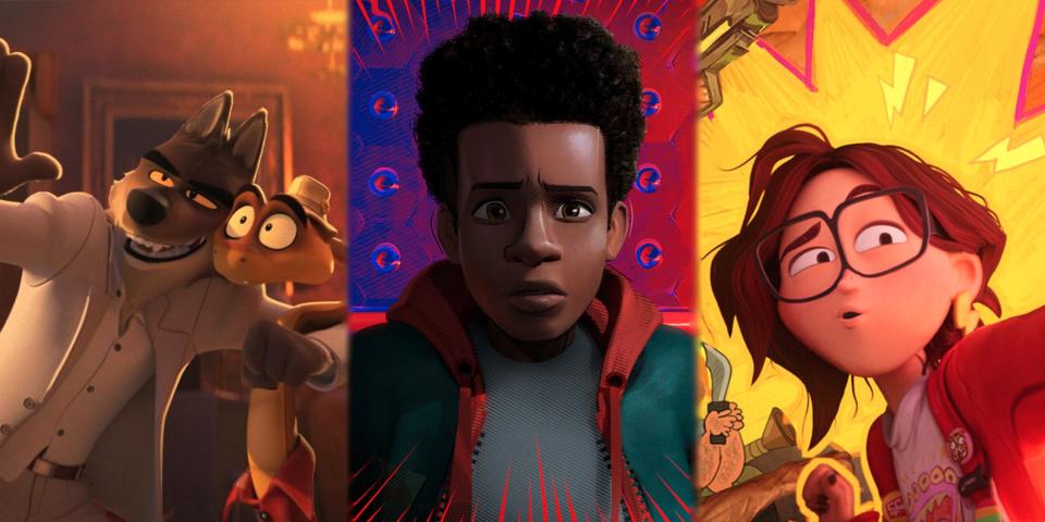 Three stills from the movies "The Bad Guys" (left), "Spider-Man: Into the Spider-Verse" (middle), and "The Mitchells vs. The Machines" (right).