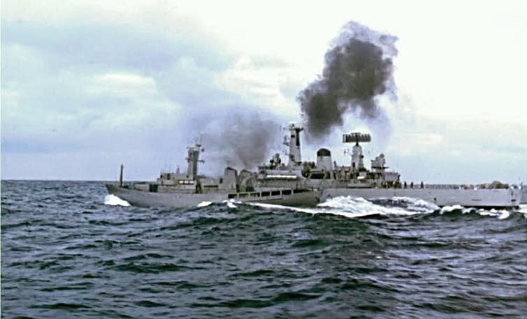 <span class="caption">Iceland’s Odinn and HMS Scylla clash in the North Atlantic during the ‘Third Cod War’ in the 1970s.</span> <span class="attribution"><a class="link " href="https://en.wikipedia.org/wiki/Cod_Wars#/media/File:Scylla-Odinn.jpg" rel="nofollow noopener" target="_blank" data-ylk="slk:Isaac Newton/www.hmsbacchante.co.uk;elm:context_link;itc:0;sec:content-canvas">Isaac Newton/www.hmsbacchante.co.uk</a></span>