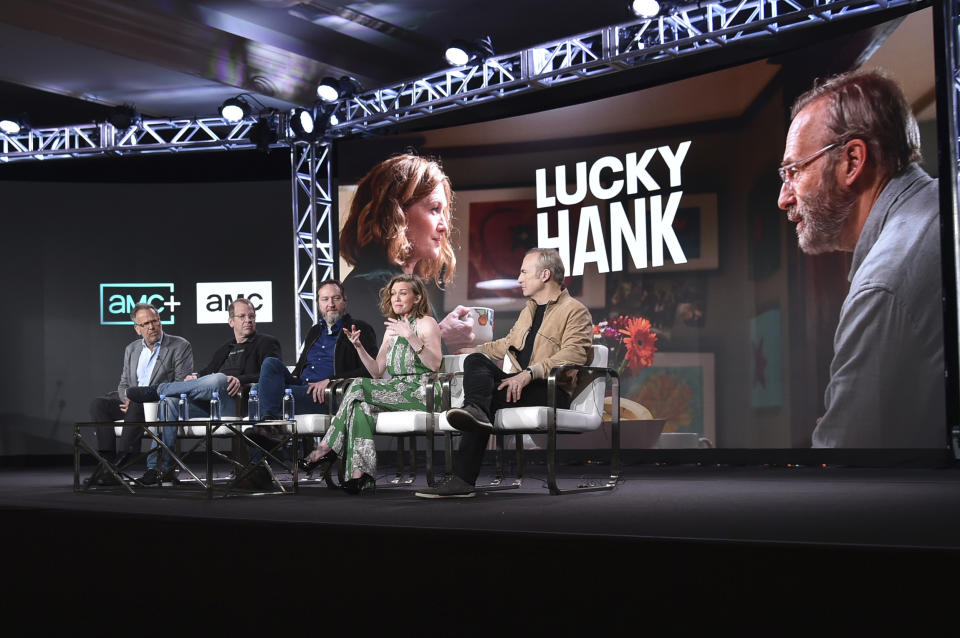 Mark Johnson, from left, Paul Lieberstein, Aaron Zelman, Mireille Enos, and Bob Odenkirk participate in the "AMC "lucky Hank" panel during the Winter Television Critics Association Press Tour, on Tuesday, Jan. 10, 2023, at the Langham Huntington Hotel in Pasadena, Calif. (Photo by Richard Shotwell/Invision/AP)