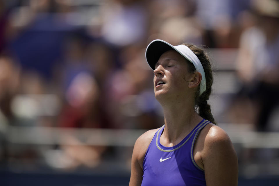 Victoria Azarenka, of Belarus, reacts during a match against Tereza Martincova, of the Czech Republic, at the Citi Open tennis tournament in Washington, Friday, Aug. 5, 2022. (AP Photo/Carolyn Kaster)