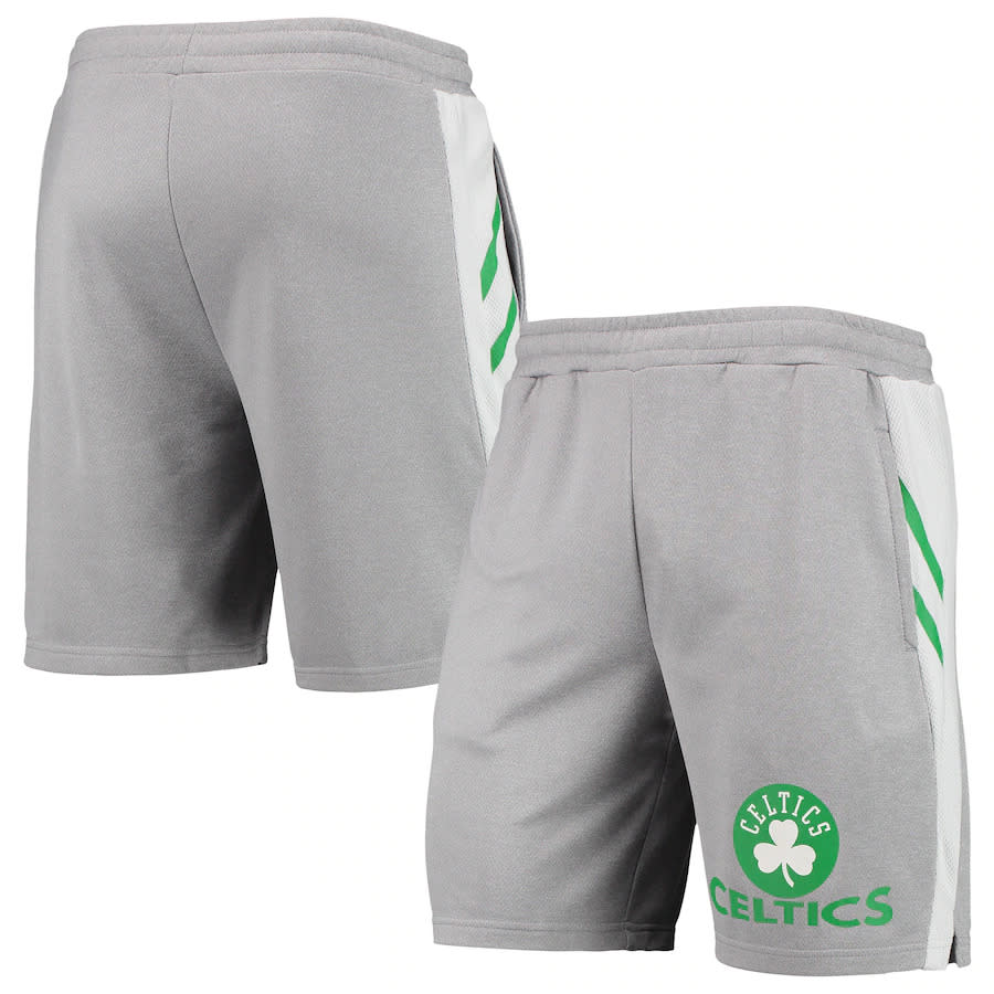 Grey shorts with Celtics and logo printed on left leg.