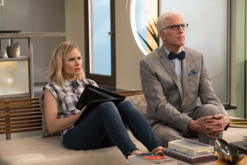 THE GOOD PLACE -- "Existential Crisis" Episode 205 -- Pictured: (l-r) Kristen Bell as Eleanor, Ted Danson as Michael -- (Photo by: Colleen Hayes/NBC)