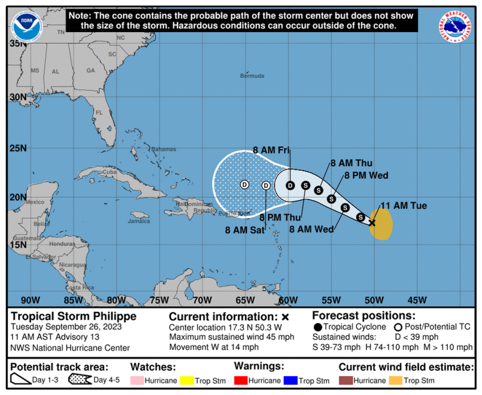 Forecast map for Tropical Storm Philippe Tuesday morning, Sept. 26, 2023.