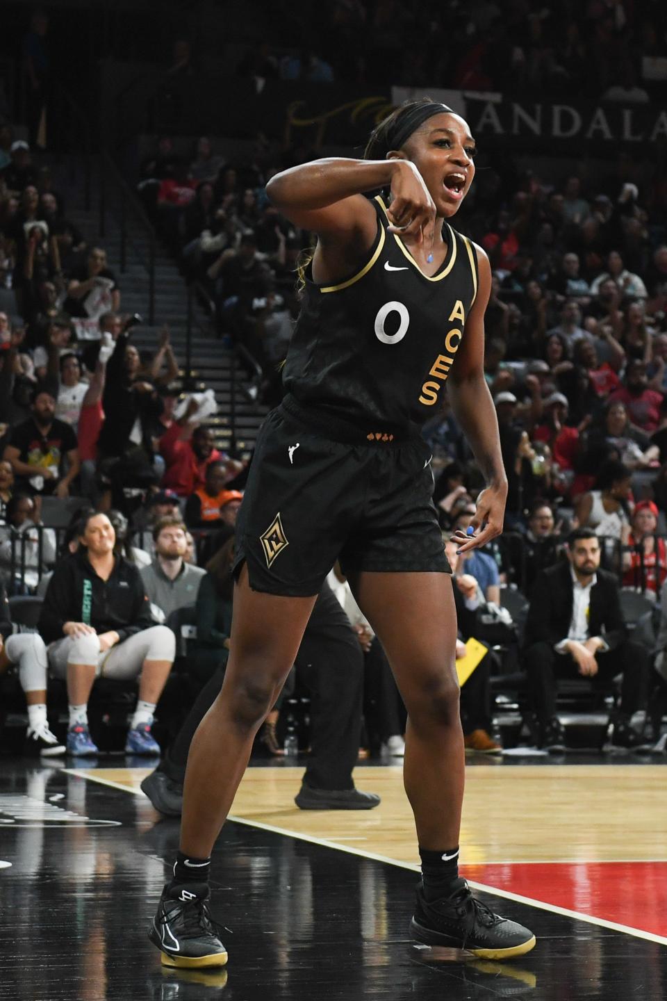 Las Vegas Aces guard Jackie Young reacts to being fouled by the New York Liberty in the second half of Game 2.