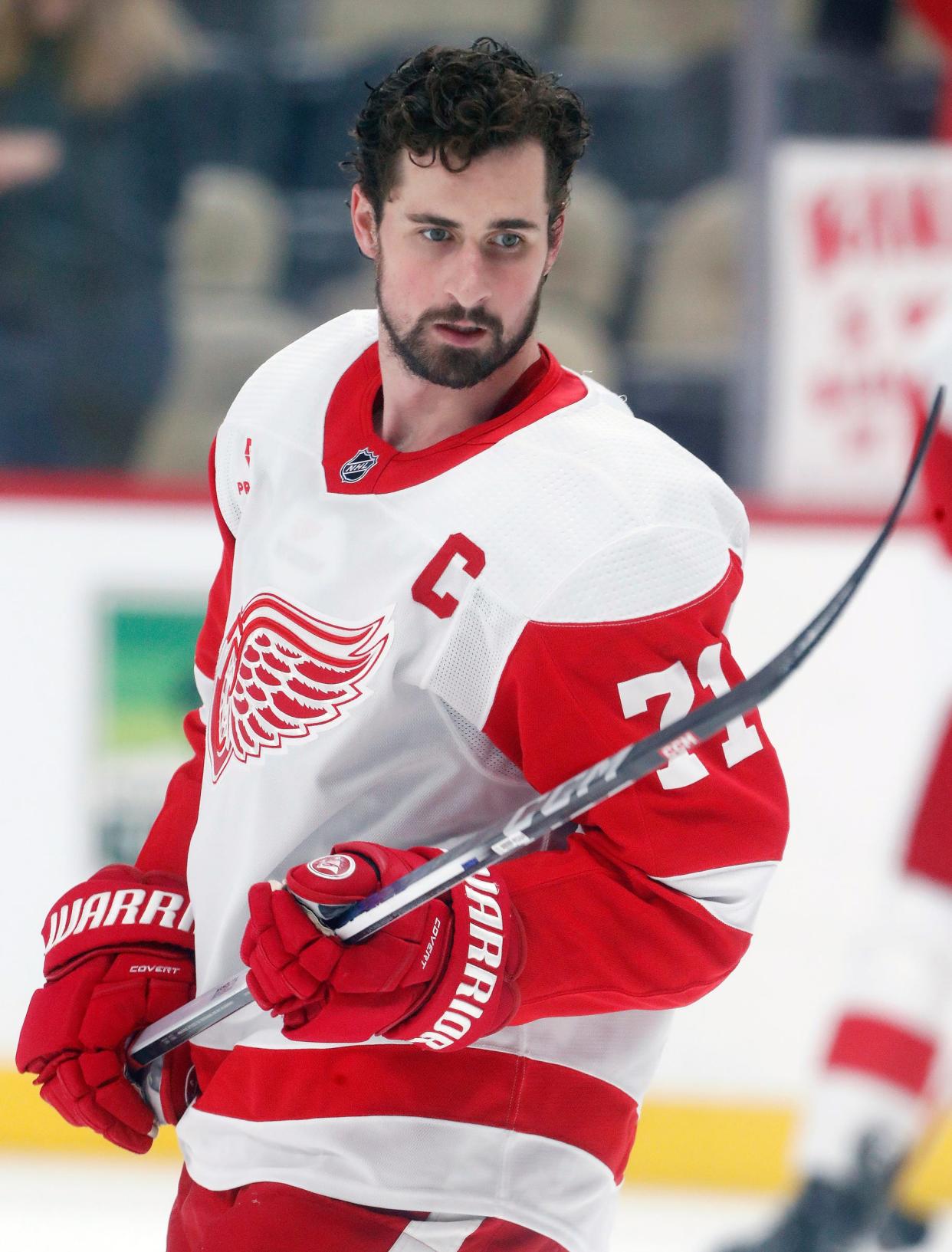 Red Wings center Dylan Larkin looks on before the game against the Penguins on Thursday, April 11, 2024, in Pittsburgh.