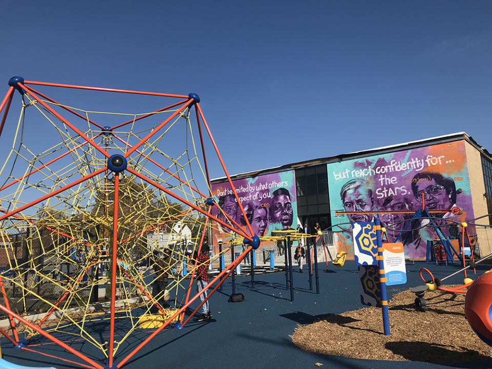 <em>Cleveland’s new manufacturing center has a STEM-themed playground open to the public and a mural featuring Black innovators. (</em><em>Patrick O’Donnell</em>)