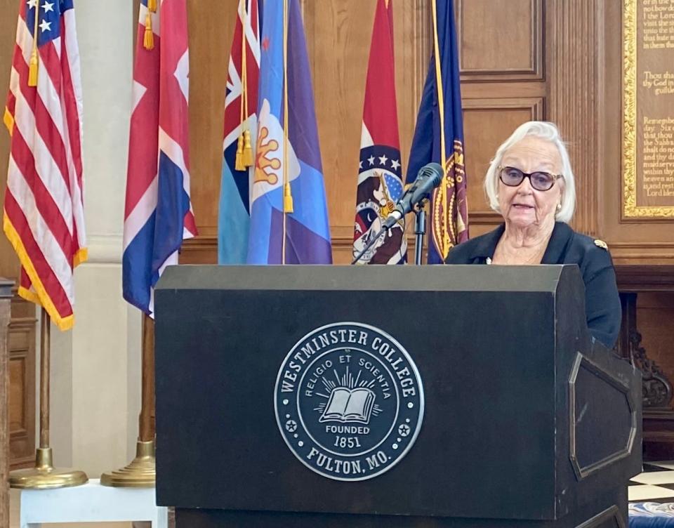 Nancy Tucker Cleaveland, 84, of Columbia, speaks Monday at a ceremony honoring Queen Elizabeth II at Westminster College in Fulton, about attending the queen's coronation as a teenage girl in 1953.