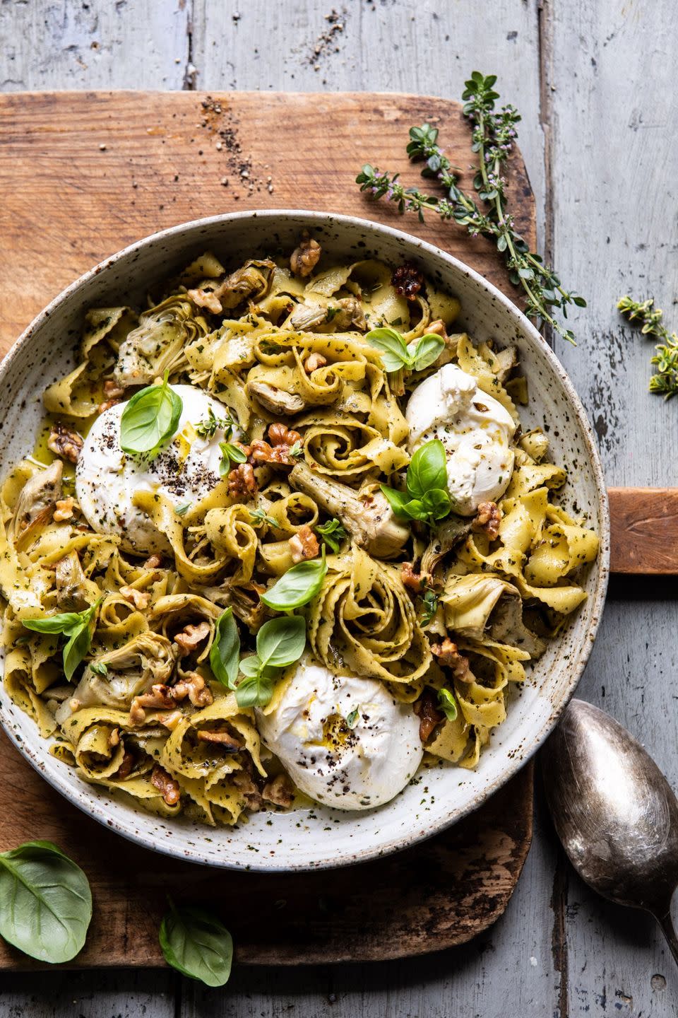 roasted lemon artichoke and browned butter pasta in a large bowl for serving