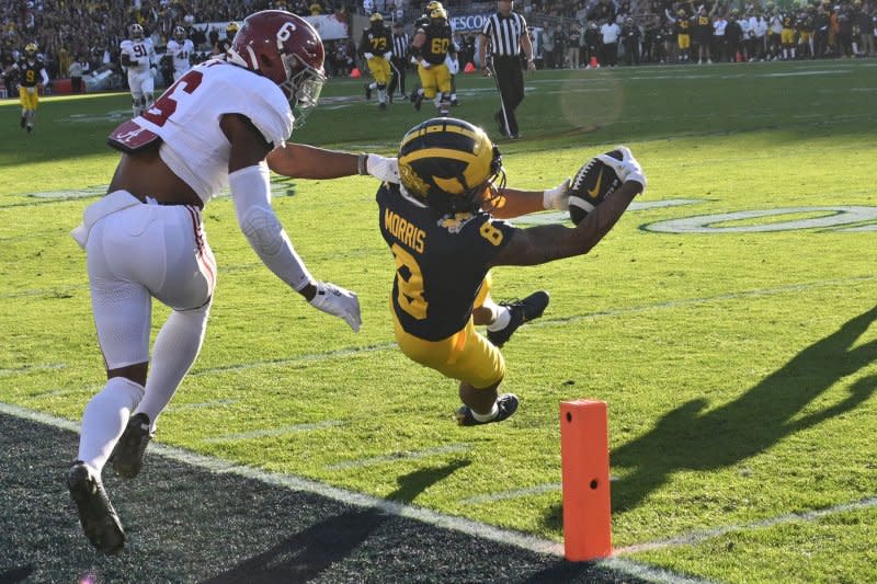Michigan Wolverines wide receiver Tyler Morris scores on a 38-yard pass from quarterback J.J. McCarthy in the second quarter for a 13-7 lead against the Alabama Crimson Tide in the 2024 Rose Bowl Game on Monday at the Rose Bowl in Pasadena, Calif. Photo by Jon SooHoo/UPI