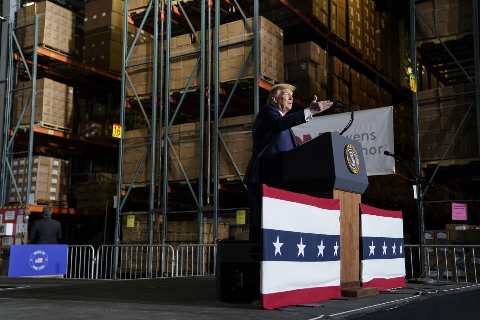 President Donald Trump speaks after a tour of Owens & Minor Inc., a medical supply company, Thursday, May 14, 2020, in Allentown, Pa. (AP Photo/Evan Vucci)