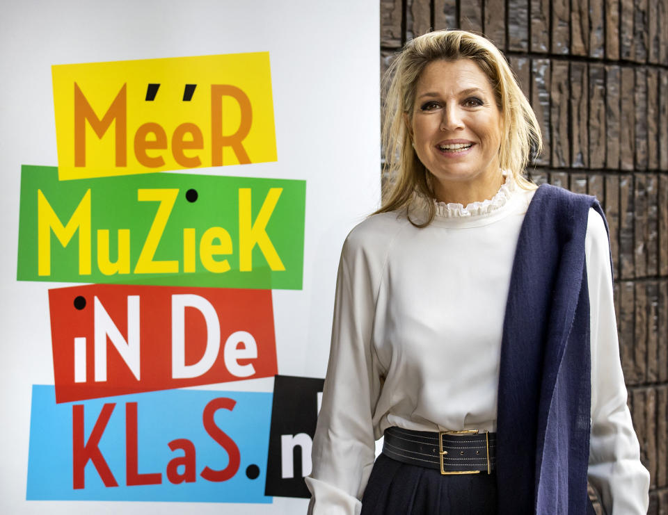 Netherland's Queen Maxima visits the Queen Beatrix School to endorse 'Music in the Classroom' on October 13, 2021. - Netherlands OUT (Photo by Koen van Weel / ANP / AFP) / Netherlands OUT (Photo by KOEN VAN WEEL/ANP/AFP via Getty Images)