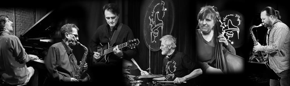 The Merrimans’ Play-House Players -- Stefan Hess, on piano, left; Don Lerman, alto saxophone; Jeff Miller, guitar; Stephen Merriman, drums; Mary Merriman, bass; and Todd Neuenschwander, tenor saxophone -- will perform May 12, 2022, at the University of Notre Dame's Snite Museum of Art's first Merrimans’ Playhouse @ the Snite Museum concert of the 2022 season.