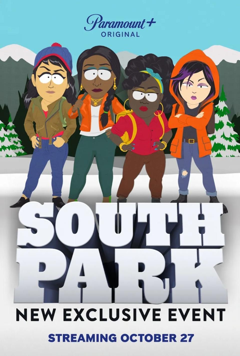 south park joining the panderverse poster, with female versions of cartman, stan, kenny and butters