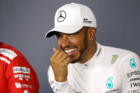 Formula One F1 - Australian Grand Prix - Melbourne Grand Prix Circuit, Melbourne, Australia - March 24, 2018 Mercedes' Lewis Hamilton during the press conference after qualifying REUTERS/Brandon Malone