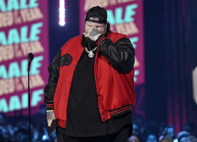 Jelly Roll reacts as he accepts the award for male video of the year for "Son of a Sinner" at the CMT Music Awards on Sunday, April 2, 2023, at the Moody Center in Austin, Texas. (Photo by Evan Agostini/Invision/AP)