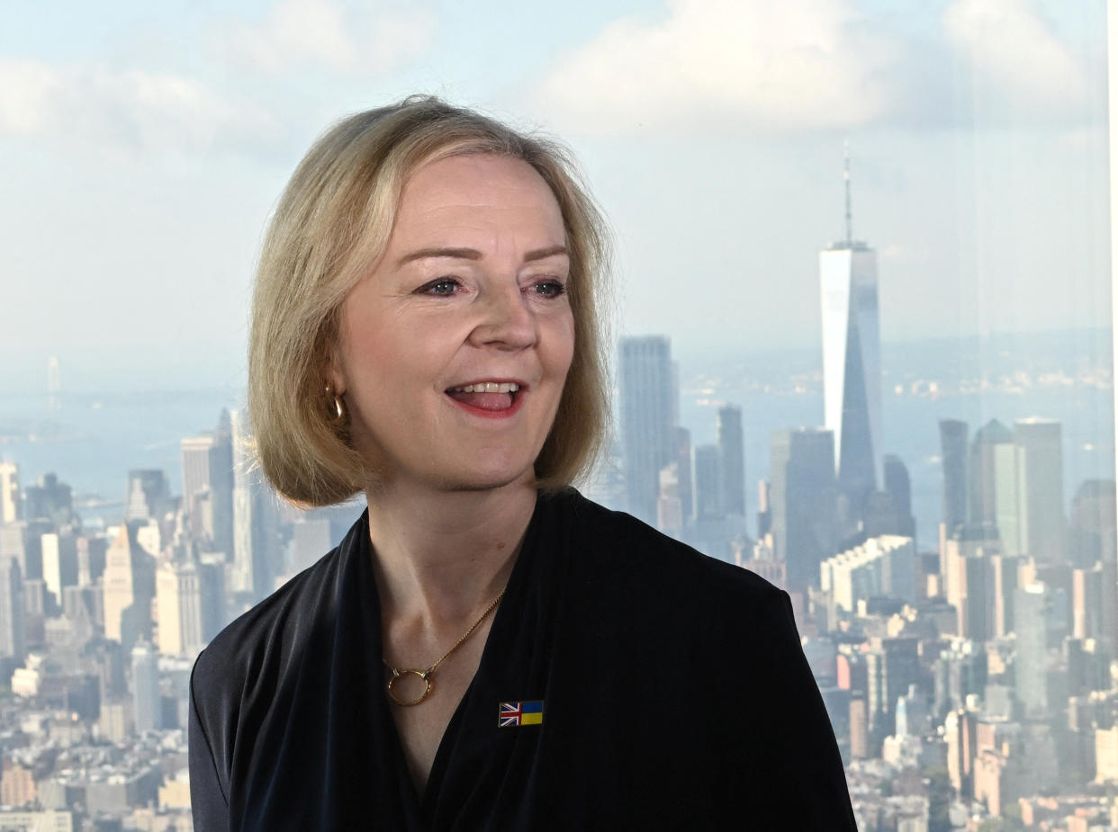 British Prime Minister Liz Truss reacts as she speaks to the media at the Empire State building in New York, U.S., September 20, 2022. REUTERS/Toby Melville/Pool