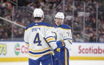 Buffalo Sabres' Bowen Byram (4) and Victor Olofsson (71) celebrate after a goal against the Edmonton Oilers during first-period NHL hockey game action in Edmonton, Alberta, Thursday March 21, 2024. (Jason Franson/The Canadian Press via AP)