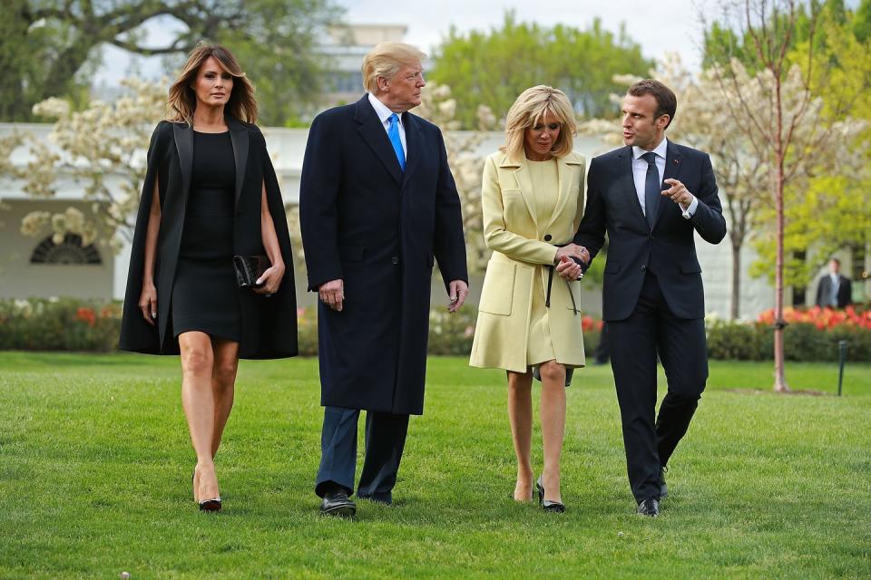 <p>Melania wore this mod, caped dress by Givenchy to welcome French President Emmanual Macron and his wife First Lady Brigitte Macron in April 2018.</p>