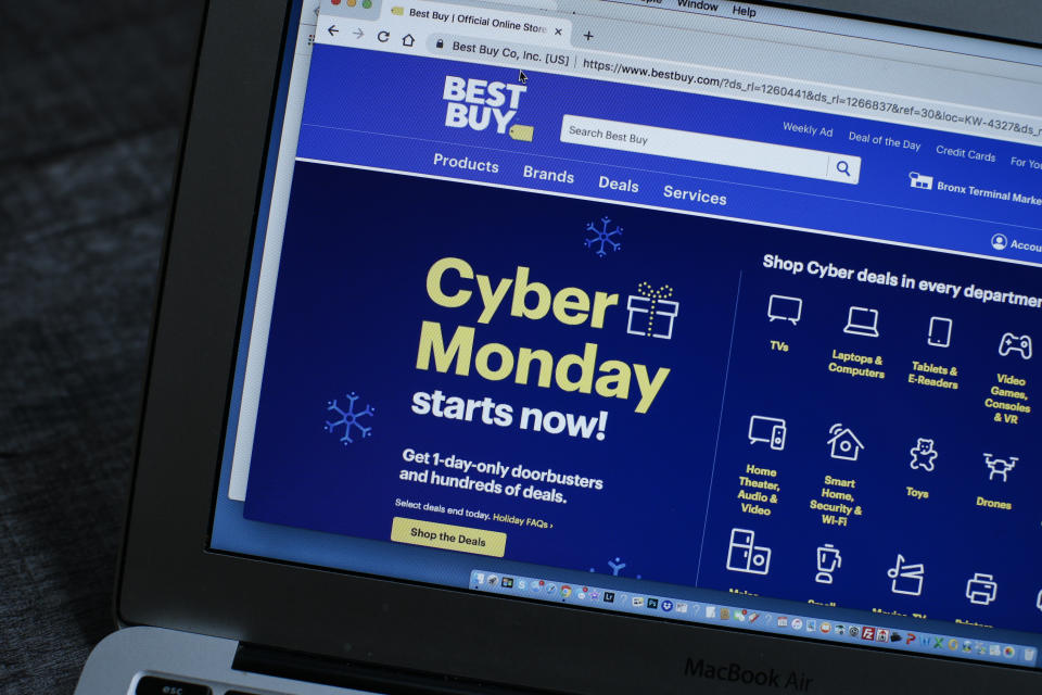 GUTTENBERG, NJ - NOVEMBER 26: In this photo illustration, Best Buy advertises Cyber Monday sales on its company websites on November 26, 2018 in Guttenberg, New Jersey. Americans expect are expecting to spend $6.6 million on Cyber Monday deals. (Photo Illustration by Kena Betancur/VIEWpress/Corbis via Getty Images)