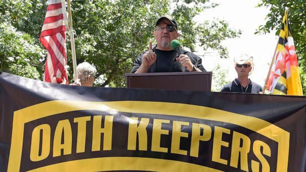 PHOTO: Stewart Rhodes, founder of the Oath Keepers, center, speaks during a rally outside the White House in Washington, June 25, 2017.  (Susan Walsh/AP, FILE)