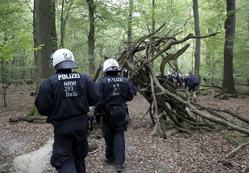 Police enters the 'Hambacher Forest' that protesters are trying to stop from being chopped down for a coal mine in Kerpen, Germany, Wednesday, Sept. 5, 2018. (Oliver Berg/dpa via AP)