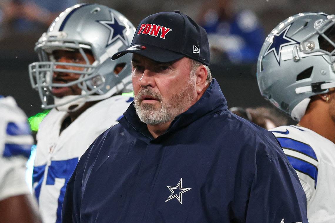 Sep 10, 2023; East Rutherford, New Jersey, USA; Dallas Cowboys head coach Mike McCarthy looks on before the game against the New York Giants at MetLife Stadium. Mandatory Credit: Vincent Carchietta-USA TODAY Sports