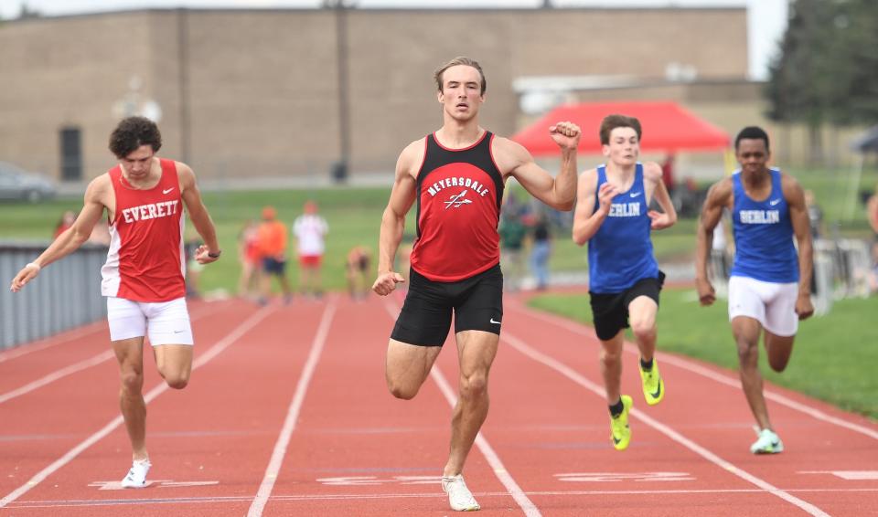 Meyersdale's Tristin Ohler wins the boys 100-meter dash with a time of 10.90 seconds at the Inter-County Conference track and field championships, May 6, in Loysburg.