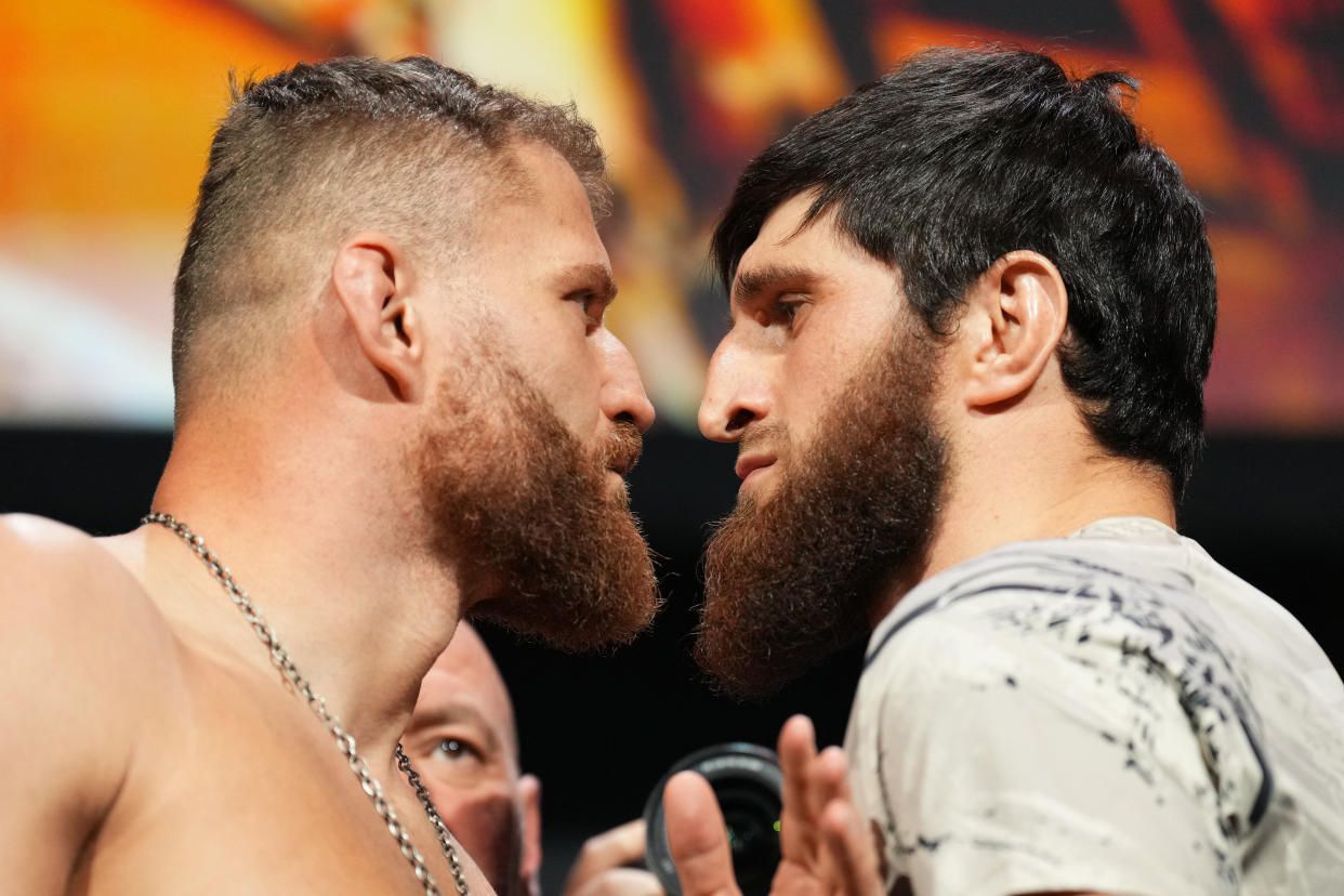 LAS VEGAS, NEVADA - DECEMBER 09: (L-R) Opponents Jan Blachowicz of Poland and Magomed Ankalaev of Russia face off during the UFC 282 ceremonial weigh-in at MGM Grand Garden Arena on December 09, 2022 in Las Vegas, Nevada. (Photo by Chris Unger/Zuffa LLC)