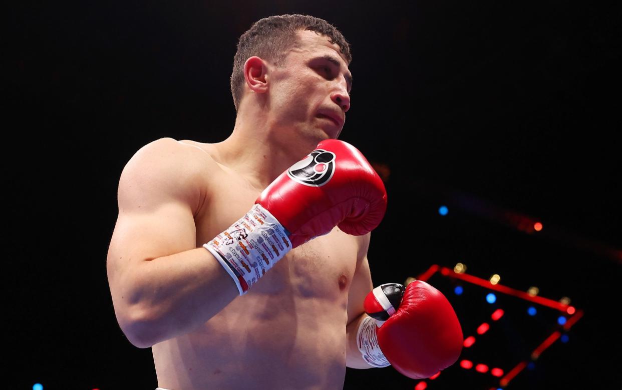 Israil Madrimov looks on during the WBA World Super Welterweight title fight between Israil Madrimov and Magomed Kurbanov on the Knockout Chaos boxing card at the Kingdom Arena on March 08, 2024 in Riyadh, Saudi Arabia