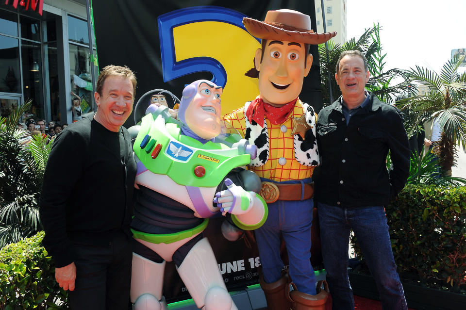 Tim Allen, at left, and Tom Hanks arrive at the world premiere of Toy Story 3 on Sunday June 13, 2010 at The El Capitan Theater in Los Angeles. (AP Photo/Katy Winn)