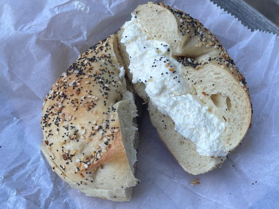 Absolute Bagels everything bagel with cream cheese