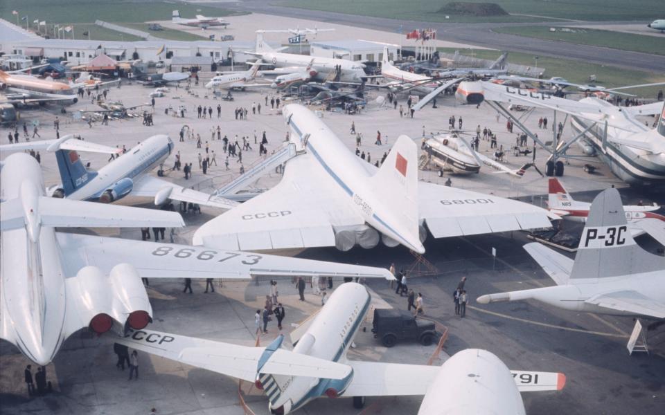 A view of the Soviet jet nicknamed 'Concordski', surrounded by various other Soviet built aircraft
