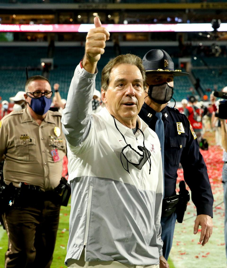 Jan 11, 2021; Miami Gardens, Florida, USA;  Alabama Head Coach Nick Saban waves to fans after Alabama defeated Ohio State 52-24 to win the College Football Playoff National Championship Game in Hard Rock Stadium. Mandatory Credit: Gary Cosby-USA TODAY Sports