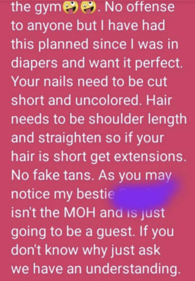 Text summary: The image contains a message with strict beauty guidelines for a wedding, requiring short, uncolored nails, shoulder-length or longer straight hair, and no fake tans