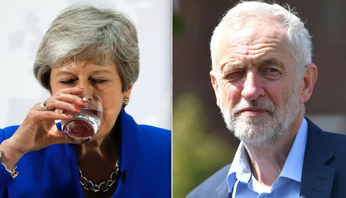 Theresa May and Jeremy Corbyn are facing a potential drubbing in the Euro elections (Getty)