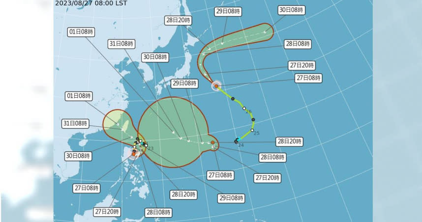 直撲台灣的蘇拉颱風恐被旁邊的海葵颱風影響，氣象粉專認為可能會因此停留在台灣上空。（圖／氣象局）