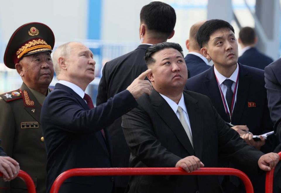 Russian President Vladimir Putin (centre L) and North Korean leader Kim Jong Un (centre R) visit the Vostochny Cosmodrome in Russia's Amur Oblast on Sept. 13, 2023. (MIKHAIL METZEL/POOL/AFP via Getty Images)