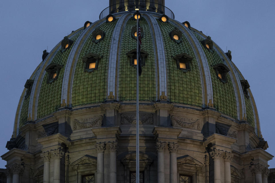 Shown is the Pennsylvania Capitol building in Harrisburg, Pa. on Inauguration Day, Tuesday, Jan. 17, 2023. (AP Photo/Matt Rourke)