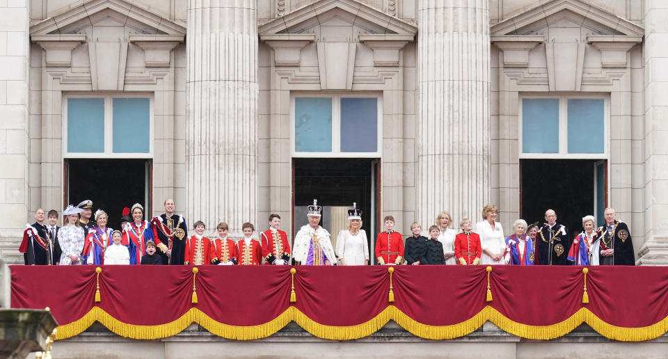 <p>(left to right) Members of the royal family: the Duke of Edinburgh, the Earl of Wessex, Lady Louise Windsor, Vice Admiral Sir Tim Laurence, the Duchess of Edinburgh, the Princess Royal, Princess Charlotte, the Princess of Wales, Prince Louis, the Prince of Wales, the King's Pages of Honour including Prince George, Lord Oliver Cholmondley, Nicholas Barclay, Ralph Tollemache, King Charles III and Queen Camilla, the Queen's Pages of Honour including Louis and Gus Lopes, Freddy Parker Bowles and Arthur Eliot, Lady in Attendance Annabel Eliot and Marchioness of Lansdowne, Princess Alexandra of Kent, the Duke of kent, the Duchess of Gloucester and the Duke of Gloucester, on the balcony of Buckingham Palace, London, to view a flypast by aircraft from the Royal Navy, Army Air Corps and Royal Air Force - including the Red Arrows, following the coronation. Picture date: Saturday May 6, 2023. (Photo by Owen Humphreys/PA Images via Getty Images)</p> 