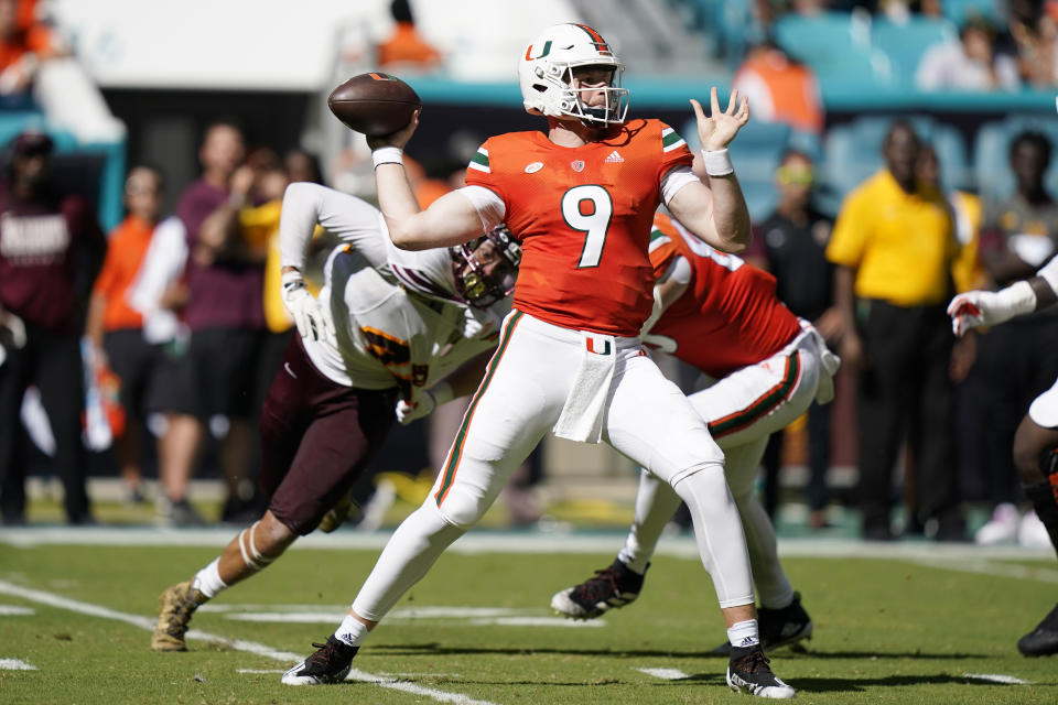 Miami quarterback Tyler Van Dyke (9) stands back to pass during the first half of an NCAA college football game against Bethune Cookman, Saturday, Sept. 3, 2022, in Miami Gardens, Fla. (AP Photo/Lynne Sladky)