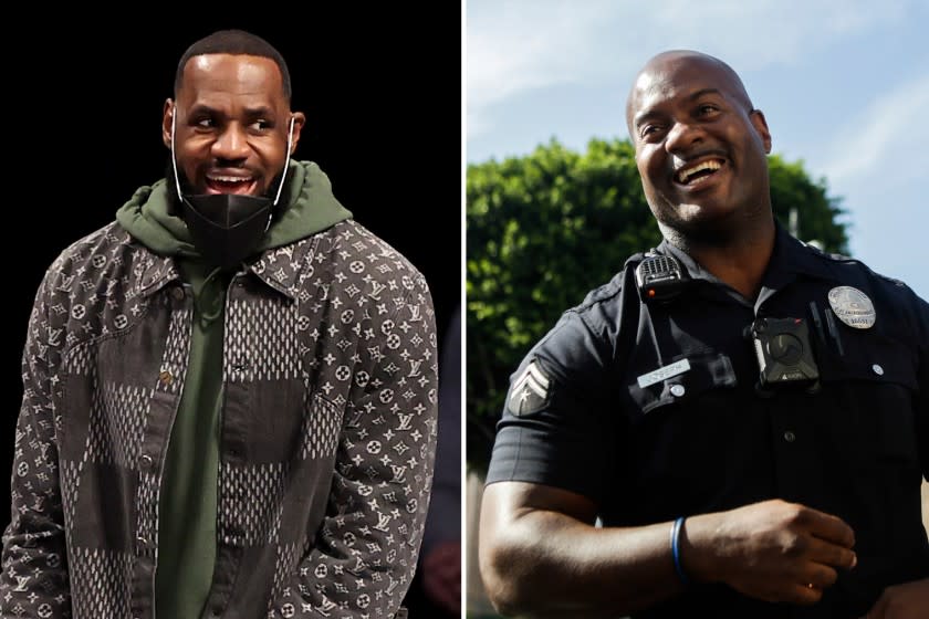 Left, LeBron James of the Los Angeles Lakers and right, LAPD officer Deon Joseph photographed in 2018.