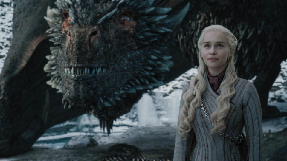 This image released by HBO shows Emilia Clarke in a scene from "Game of Thrones," that aired Sunday, May 5, 2019. In the third to last episode of HBO’s “Game of Thrones,” Mother of Dragons Daenerys Targaryen is suffering from a crisis of confidence. She is short on troops and dragons, short on strategies and short on friends. And her claim to the Iron Throne has weakened upon learning that Jon Snow, in fact, shares her royal Targaryen blood. (Helen Sloan/HBO via AP)