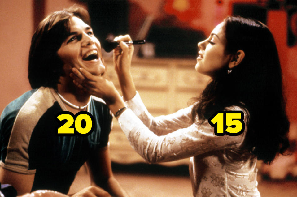 15-year-old Mila Kunis doing 20-year-old Ashton Kutcher's makeup