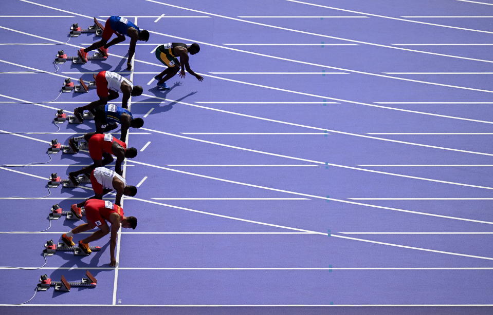 Paris , France - 3 August 2024; Steven Sabino of Team Mozambique makes a false start during the men's 100m prelminary round at the Stade de France during the 2024 Paris Summer Olympic Games in Paris, France. (Photo By Sam Barnes/Sportsfile via Getty Images)