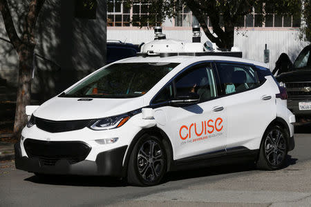 A self-driving GM Bolt EV is seen during a media event where Cruise, GM's autonomous car unit, showed off its self-driving cars in San Francisco, California, U.S. November 28, 2017. REUTERS/Elijah Nouvelage